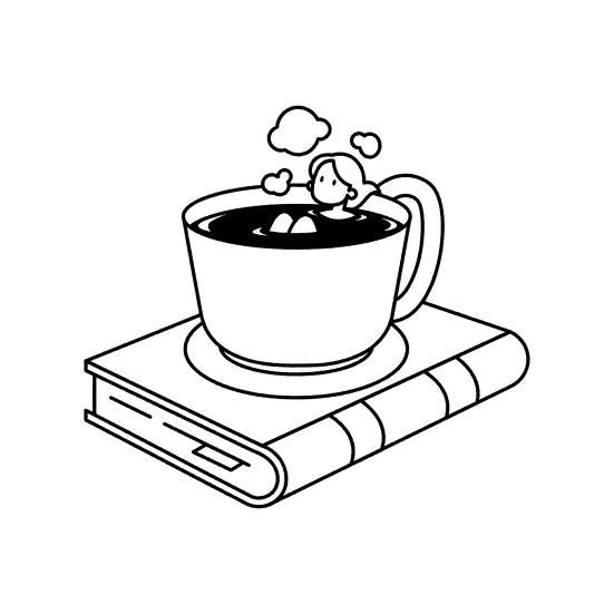 En tegning af en kaffekop. En kvinde bader i kaffen