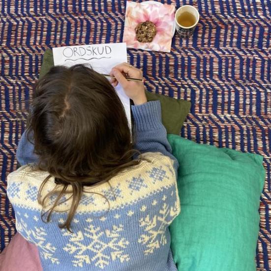 Pige set oppe fra. Hun ligger og skriver i en bog